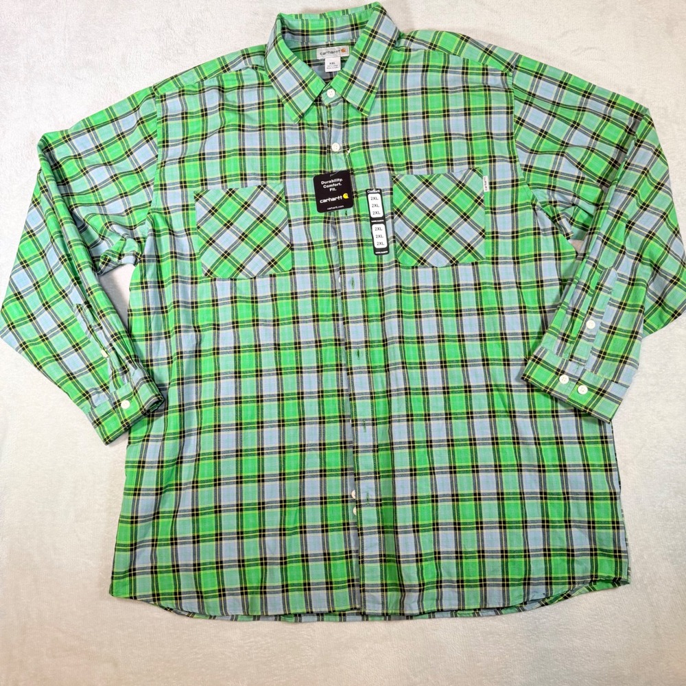 Carhartt Mens 2XL Long Sleeve Plaid Button Down Shirt Green‎ Blue S254 GRL NEW